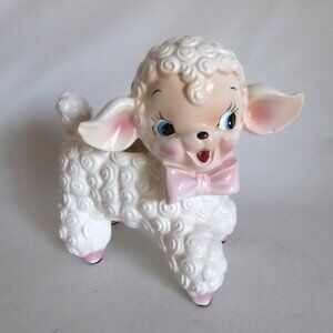 VINTAGE NPC CURLY BABY LAMB PINK RIBBON CERAMIC FIGURAL VASE